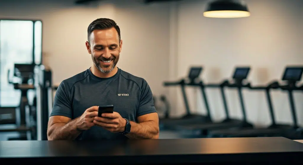 gym owner closing a gym sale with his phone